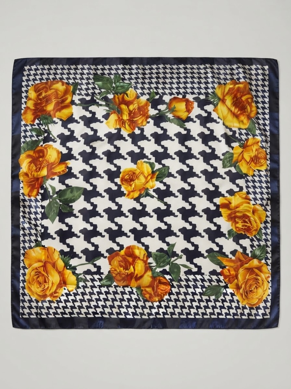 100% Silk 42“ large square Scarf Women Shawl Wrap BLUE BORDER BRIGHT ROSES